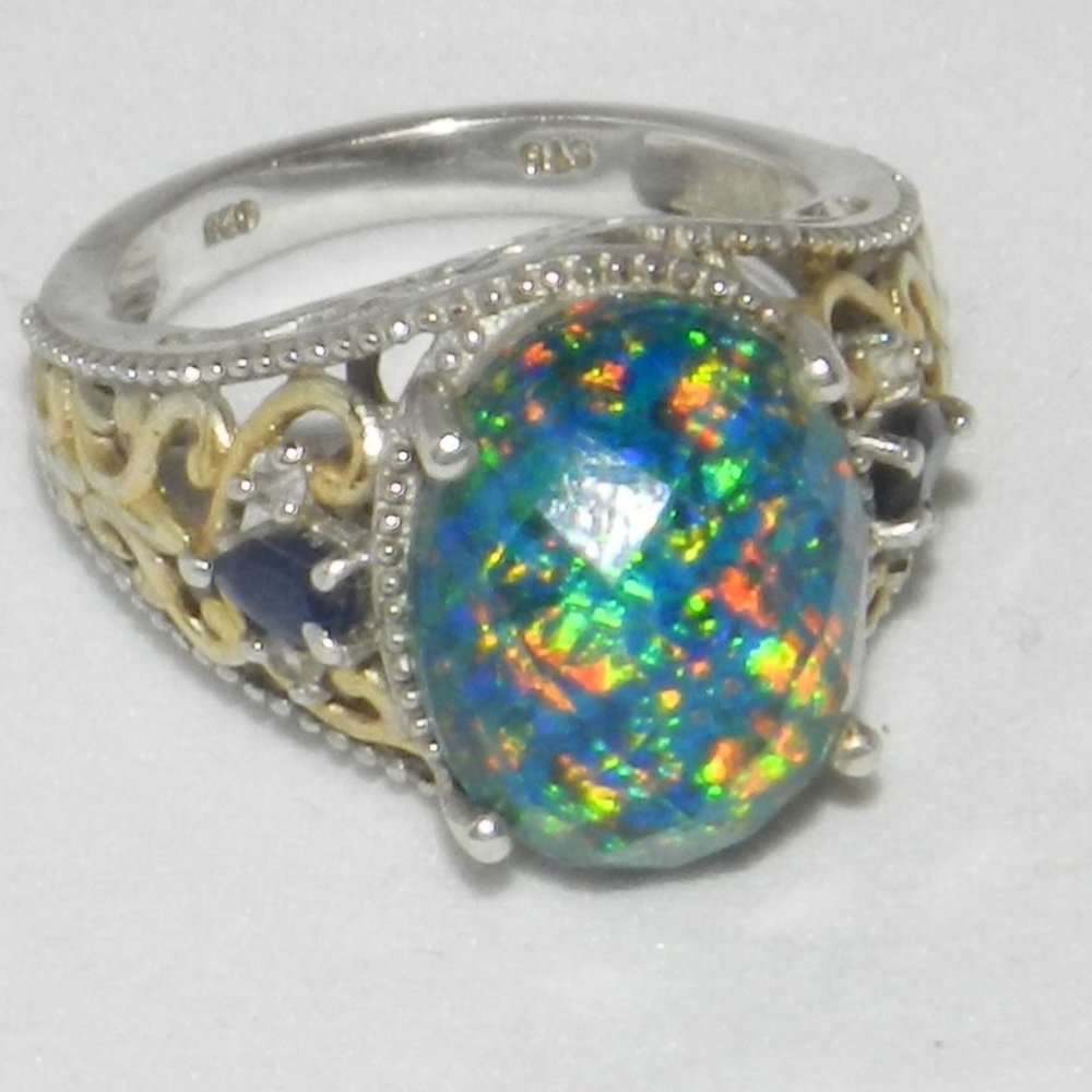 Vintage  Blue Fire Opal 925 Sterling Silver Ring Size 8.5 Women's - Picture 7 of 14